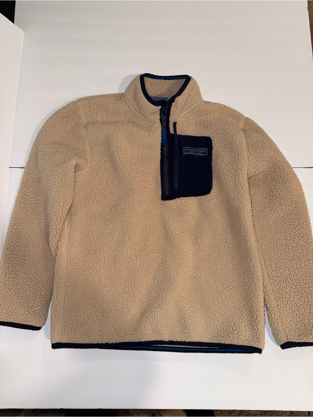 Vineyard Vines Tan Sherpa Half-Zip with Navy Pocket